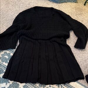 Chic Black Pleated Sweater Skirt Set